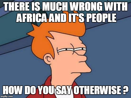 Futurama Fry Meme | THERE IS MUCH WRONG WITH AFRICA AND IT'S PEOPLE HOW DO YOU SAY OTHERWISE ? | image tagged in memes,futurama fry | made w/ Imgflip meme maker