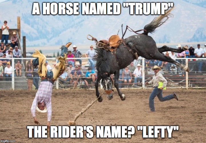 Horse Named Trump | A HORSE NAMED "TRUMP"; THE RIDER'S NAME? "LEFTY" | image tagged in donald trump | made w/ Imgflip meme maker