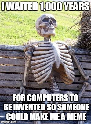 Waiting Skeleton | I WAITED 1,000 YEARS; FOR COMPUTERS TO BE INVENTED SO SOMEONE COULD MAKE ME A MEME | image tagged in memes,waiting skeleton | made w/ Imgflip meme maker