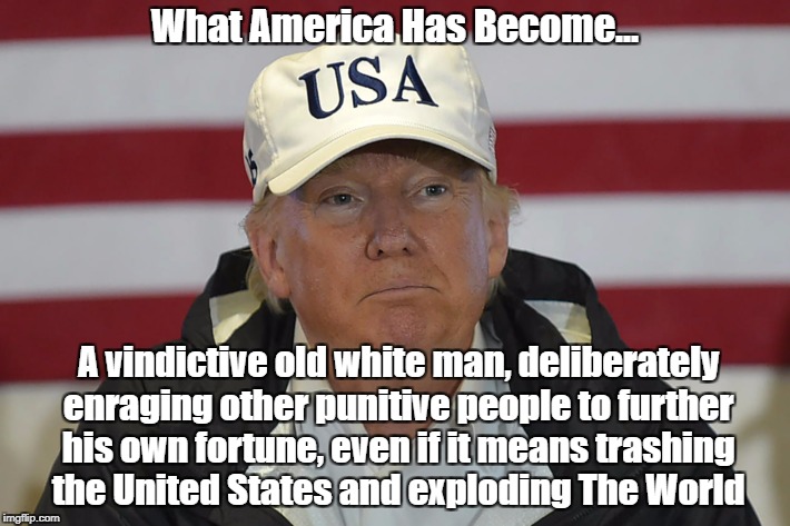 What America Has Become... A vindictive old white man, deliberately enraging other punitive people to further his own fortune,
even if it me | made w/ Imgflip meme maker