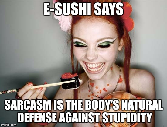 E-SUSHI’S WONDERFULL WISDOM FOR THE MASSES | E-SUSHI SAYS; SARCASM IS THE BODY’S NATURAL DEFENSE AGAINST STUPIDITY | image tagged in sushi,e-sushi,memes,funny,defense,sarcasm | made w/ Imgflip meme maker