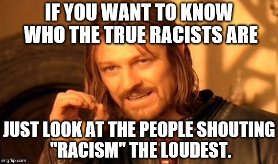 One Does Not Simply | IF YOU WANT TO KNOW WHO THE TRUE RACISTS ARE; JUST LOOK AT THE PEOPLE SHOUTING "RACISM" THE LOUDEST. | image tagged in memes,one does not simply | made w/ Imgflip meme maker