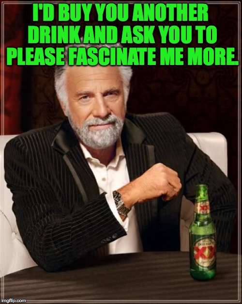 The Most Interesting Man In The World Meme | I'D BUY YOU ANOTHER DRINK AND ASK YOU TO PLEASE FASCINATE ME MORE. | image tagged in memes,the most interesting man in the world | made w/ Imgflip meme maker