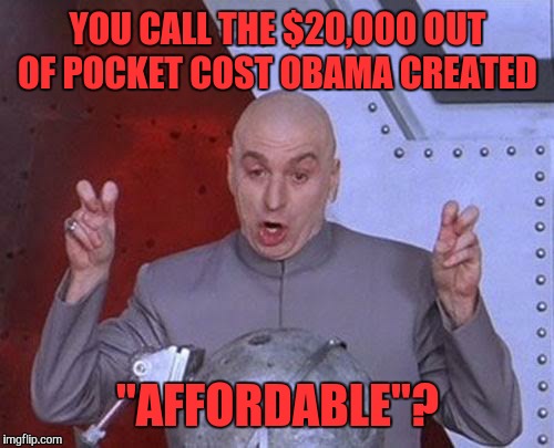 Dr Evil Laser Meme | YOU CALL THE $20,000 OUT OF POCKET COST OBAMA CREATED "AFFORDABLE"? | image tagged in memes,dr evil laser | made w/ Imgflip meme maker
