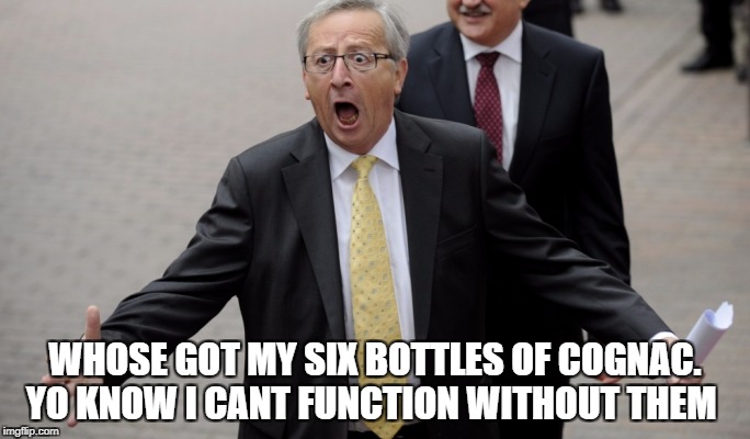 WHOSE GOT MY SIX BOTTLES OF COGNAC. YO KNOW I CANT FUNCTION WITHOUT THEM | image tagged in eu referendum | made w/ Imgflip meme maker