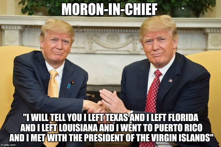 Moron-In-Chief | MORON-IN-CHIEF; "I WILL TELL YOU I LEFT TEXAS AND I LEFT FLORIDA AND I LEFT LOUISIANA AND I WENT TO PUERTO RICO AND I MET WITH THE PRESIDENT OF THE VIRGIN ISLANDS" | image tagged in trump,moron,idiot,loser,fake | made w/ Imgflip meme maker