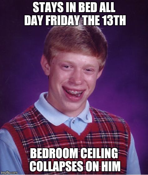 Every dog has his day , except . . . |  STAYS IN BED ALL DAY FRIDAY THE 13TH; BEDROOM CEILING COLLAPSES ON HIM | image tagged in memes,bad luck brian,friday the 13th,all the times | made w/ Imgflip meme maker