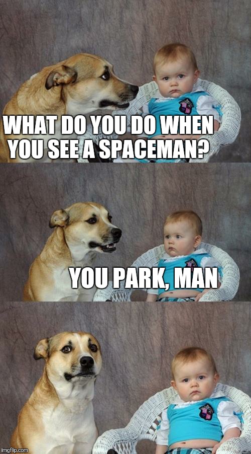 Dad Joke Dog | WHAT DO YOU DO WHEN YOU SEE A SPACEMAN? YOU PARK, MAN | image tagged in memes,dad joke dog | made w/ Imgflip meme maker