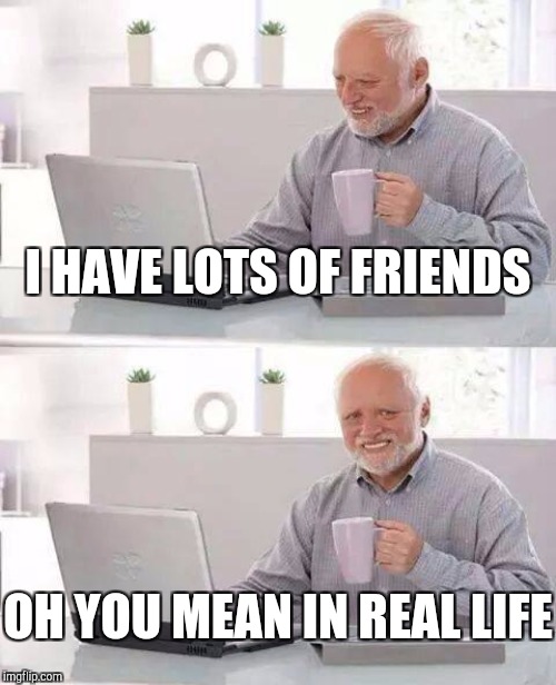 I HAVE LOTS OF FRIENDS; OH YOU MEAN IN REAL LIFE | image tagged in hide the pain harold | made w/ Imgflip meme maker