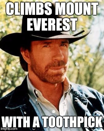 Chuck Norris | CLIMBS MOUNT EVEREST; WITH A TOOTHPICK | image tagged in memes,chuck norris | made w/ Imgflip meme maker