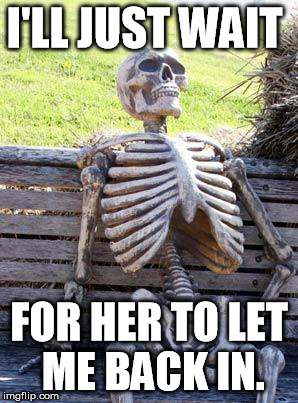 Waiting Skeleton Meme | I'LL JUST WAIT FOR HER TO LET ME BACK IN. | image tagged in memes,waiting skeleton | made w/ Imgflip meme maker