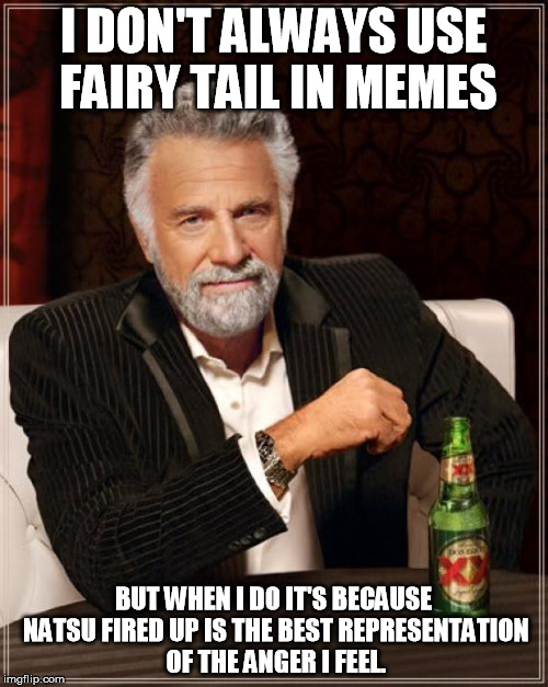 The Most Interesting Man In The World Meme | I DON'T ALWAYS USE FAIRY TAIL IN MEMES BUT WHEN I DO IT'S BECAUSE NATSU FIRED UP IS THE BEST REPRESENTATION OF THE ANGER I FEEL. | image tagged in memes,the most interesting man in the world | made w/ Imgflip meme maker