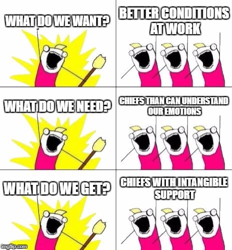 What Do We Want 3 | WHAT DO WE WANT? BETTER CONDITIONS AT WORK; WHAT DO WE NEED? CHIEFS THAN CAN UNDERSTAND OUR EMOTIONS; WHAT DO WE GET? CHIEFS WITH INTANGIBLE SUPPORT | image tagged in memes,what do we want 3 | made w/ Imgflip meme maker
