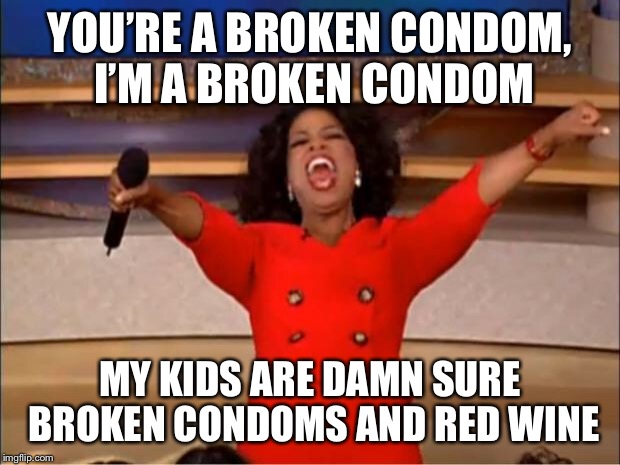 Oprah You Get A Meme | YOU’RE A BROKEN CONDOM, I’M A BROKEN CONDOM MY KIDS ARE DAMN SURE BROKEN CONDOMS AND RED WINE | image tagged in memes,oprah you get a | made w/ Imgflip meme maker