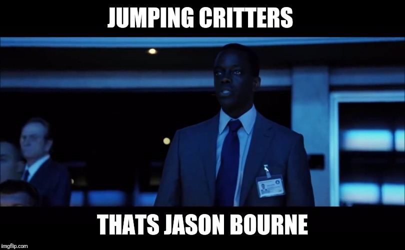 jesus christ it's jason bourne | JUMPING CRITTERS; THATS JASON BOURNE | image tagged in jesus christ it's jason bourne | made w/ Imgflip meme maker