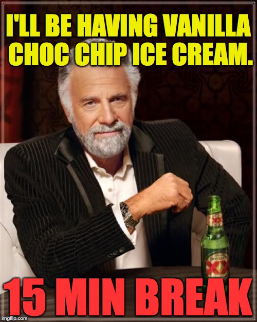 The Most Interesting Man In The World Meme | I'LL BE HAVING VANILLA CHOC CHIP ICE CREAM. 15 MIN BREAK | image tagged in memes,the most interesting man in the world | made w/ Imgflip meme maker