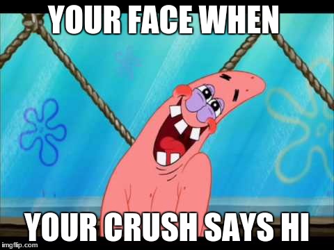 Patrick star | YOUR FACE WHEN; YOUR CRUSH SAYS HI | image tagged in patrick star | made w/ Imgflip meme maker