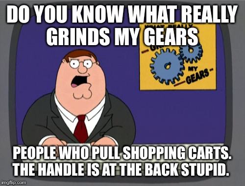 Peter Griffin News Meme | DO YOU KNOW WHAT REALLY GRINDS MY GEARS; PEOPLE WHO PULL SHOPPING CARTS. THE HANDLE IS AT THE BACK STUPID. | image tagged in memes,peter griffin news | made w/ Imgflip meme maker