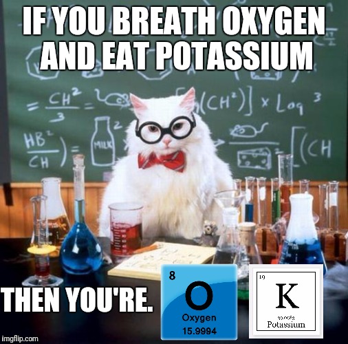 F.Y.I. you can find potassium in bananas! | IF YOU BREATH OXYGEN AND EAT POTASSIUM; THEN YOU'RE. | image tagged in memes,chemistry cat | made w/ Imgflip meme maker
