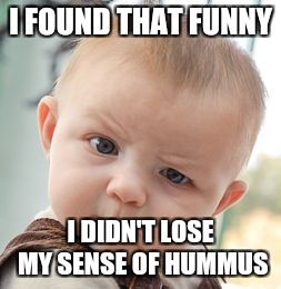 I found it funny... | I FOUND THAT FUNNY I DIDN'T LOSE MY SENSE OF HUMMUS | image tagged in memes,skeptical baby,hummus | made w/ Imgflip meme maker