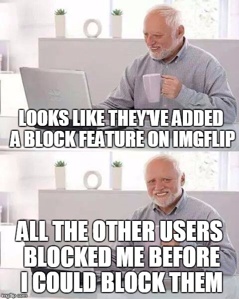 LOOKS LIKE THEY'VE ADDED A BLOCK FEATURE ON IMGFLIP ALL THE OTHER USERS BLOCKED ME BEFORE I COULD BLOCK THEM | made w/ Imgflip meme maker