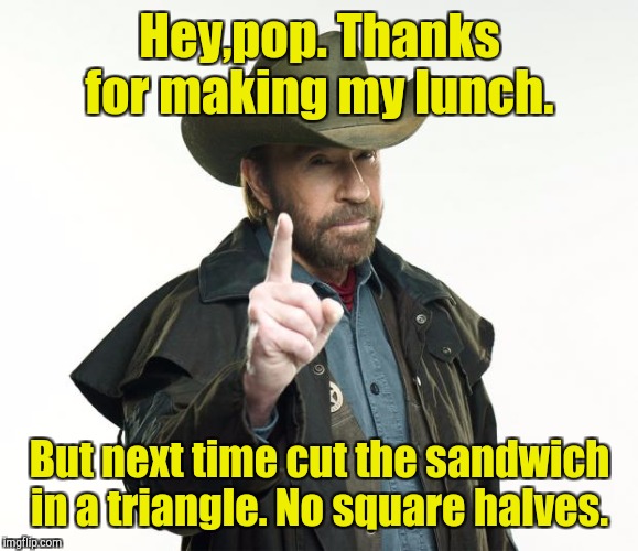 Hey,pop. Thanks for making my lunch. But next time cut the sandwich in a triangle. No square halves. | made w/ Imgflip meme maker