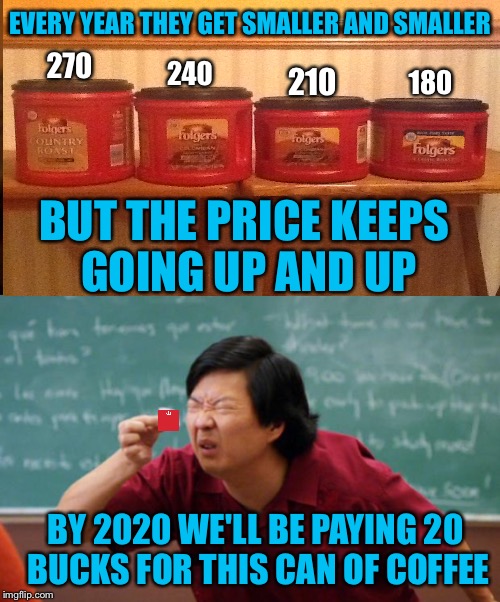 240; 210; 180; EVERY YEAR THEY GET SMALLER AND SMALLER; 270; BUT THE PRICE KEEPS GOING UP AND UP; BY 2020 WE'LL BE PAYING 20 BUCKS FOR THIS CAN OF COFFEE | image tagged in memes | made w/ Imgflip meme maker