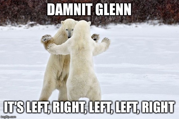 Dancing Bears | DAMNIT GLENN; IT'S LEFT, RIGHT, LEFT, LEFT, RIGHT | image tagged in dancing bears | made w/ Imgflip meme maker