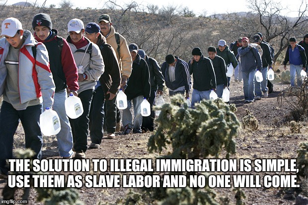 mexican immigration | THE SOLUTION TO ILLEGAL IMMIGRATION IS SIMPLE, USE THEM AS SLAVE LABOR AND NO ONE WILL COME. | image tagged in mexican immigration | made w/ Imgflip meme maker