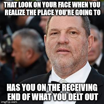 That Look On Your Face | THAT LOOK ON YOUR FACE WHEN YOU REALIZE THE PLACE YOU'RE GOING TO; HAS YOU ON THE RECEIVING END OF WHAT YOU DELT OUT | image tagged in weinstein,meme | made w/ Imgflip meme maker