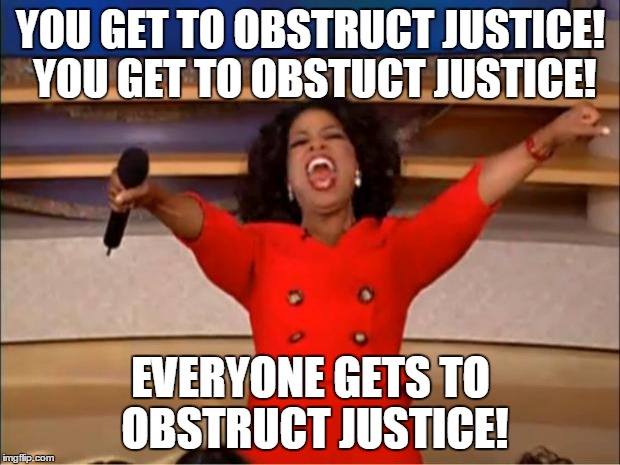 Oprah You Get A Meme | YOU GET TO OBSTRUCT JUSTICE! YOU GET TO OBSTUCT JUSTICE! EVERYONE GETS TO OBSTRUCT JUSTICE! | image tagged in memes,oprah you get a | made w/ Imgflip meme maker