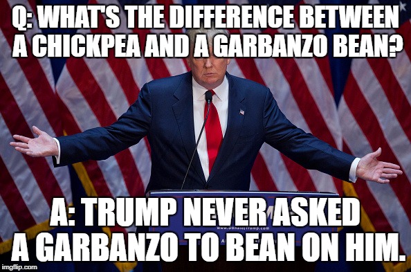 Donald Trump | Q: WHAT'S THE DIFFERENCE BETWEEN A CHICKPEA AND A GARBANZO BEAN? A: TRUMP NEVER ASKED A GARBANZO TO BEAN ON HIM. | image tagged in donald trump | made w/ Imgflip meme maker