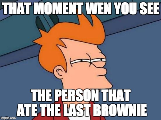 Futurama Fry Meme | THAT MOMENT WEN YOU SEE; THE PERSON THAT ATE THE LAST BROWNIE | image tagged in memes,futurama fry | made w/ Imgflip meme maker