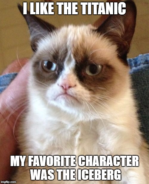 Grumpy Cat Meme | I LIKE THE TITANIC; MY FAVORITE CHARACTER WAS THE ICEBERG | image tagged in memes,grumpy cat | made w/ Imgflip meme maker