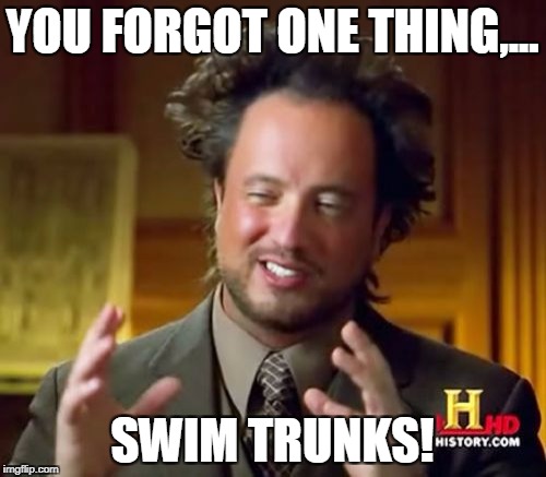 Ancient Aliens Meme | YOU FORGOT ONE THING,... SWIM TRUNKS! | image tagged in memes,ancient aliens | made w/ Imgflip meme maker