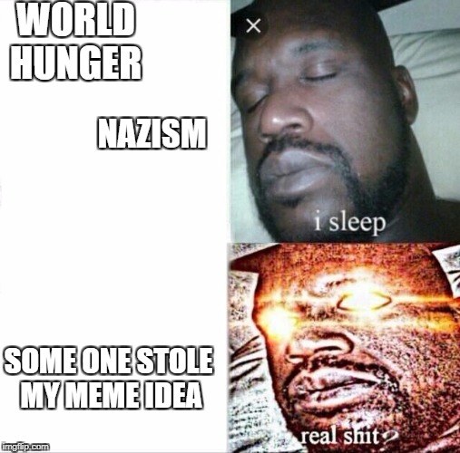 Repost Week Oct. 15th through Oct. 21st ( A GotHighMadeAMeme and Pipe_Picasso event). IRONIC AINT IT | WORLD HUNGER; NAZISM; SOME ONE STOLE MY MEME IDEA | image tagged in sleeping shaq,repost week,irony,joke | made w/ Imgflip meme maker