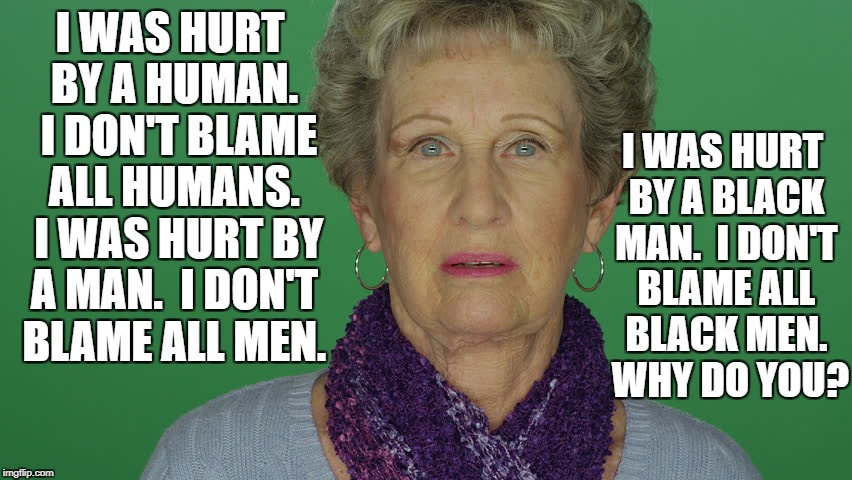 Disbelieving old woman | I WAS HURT BY A BLACK MAN.  I DON'T BLAME ALL BLACK MEN.  WHY DO YOU? I WAS HURT BY A HUMAN.  I DON'T BLAME ALL HUMANS.  I WAS HURT BY A MAN.  I DON'T BLAME ALL MEN. | image tagged in disbelieving old woman | made w/ Imgflip meme maker