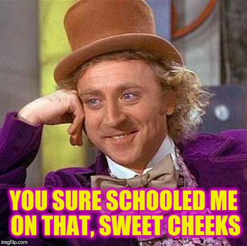 Creepy Condescending Wonka Meme | YOU SURE SCHOOLED ME ON THAT, SWEET CHEEKS | image tagged in memes,creepy condescending wonka | made w/ Imgflip meme maker