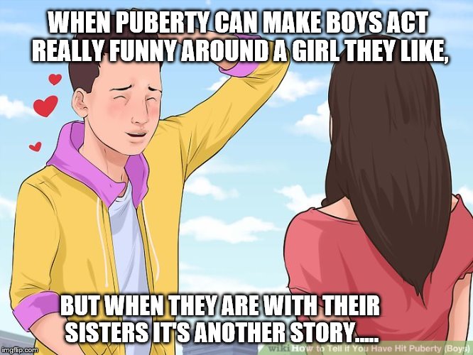 "Puberty" | WHEN PUBERTY CAN MAKE BOYS ACT REALLY FUNNY AROUND A GIRL THEY LIKE, BUT WHEN THEY ARE WITH THEIR SISTERS IT'S ANOTHER STORY..... | image tagged in puberty,hormones,behavior,maturity | made w/ Imgflip meme maker