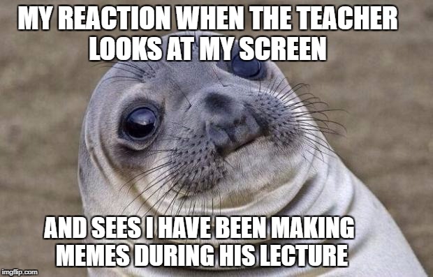 Awkward Moment Sealion Meme | MY REACTION WHEN THE TEACHER LOOKS AT MY SCREEN; AND SEES I HAVE BEEN MAKING MEMES DURING HIS LECTURE | image tagged in memes,awkward moment sealion | made w/ Imgflip meme maker