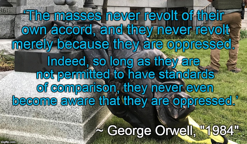 "1984" Warning to Liberals | ‘The masses never revolt of their own accord, and they never revolt merely because they are oppressed. Indeed, so long as they are not permitted to have standards of comparison, they never even become aware that they are oppressed.’; ~ George Orwell, "1984" | image tagged in destroying historical statues,1984,george orwell,liberals,offended | made w/ Imgflip meme maker