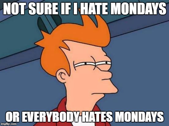 Futurama Fry | NOT SURE IF I HATE MONDAYS; OR EVERYBODY HATES MONDAYS | image tagged in memes,futurama fry | made w/ Imgflip meme maker