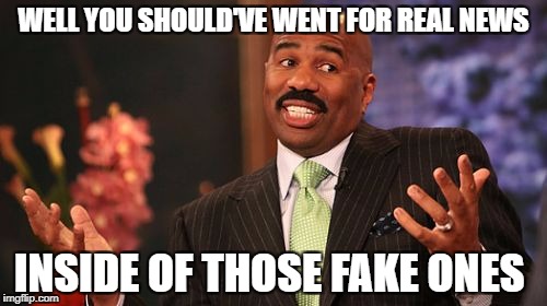 Real news vs fake news | WELL YOU SHOULD'VE WENT FOR REAL NEWS; INSIDE OF THOSE FAKE ONES | image tagged in memes,steve harvey,cnn fake news,real news network | made w/ Imgflip meme maker