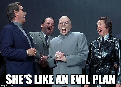 evil laughing group | SHE'S LIKE AN EVIL PLAN | image tagged in evil laughing group | made w/ Imgflip meme maker