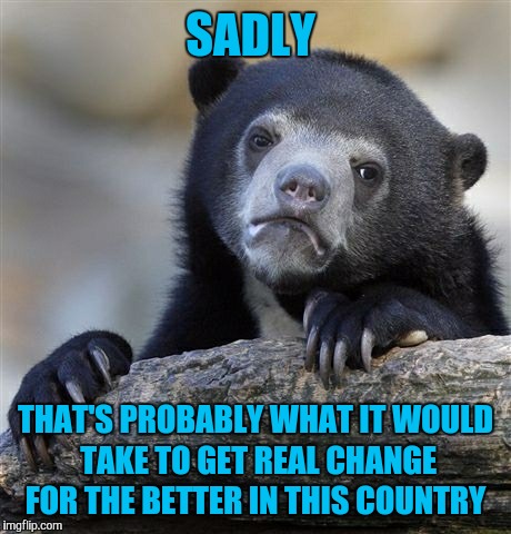 Confession Bear Meme | SADLY THAT'S PROBABLY WHAT IT WOULD TAKE TO GET REAL CHANGE FOR THE BETTER IN THIS COUNTRY | image tagged in memes,confession bear | made w/ Imgflip meme maker