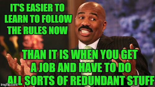 Steve Harvey Meme | IT'S EASIER TO LEARN TO FOLLOW THE RULES NOW THAN IT IS WHEN YOU GET A JOB AND HAVE TO DO ALL SORTS OF REDUNDANT STUFF | image tagged in memes,steve harvey | made w/ Imgflip meme maker