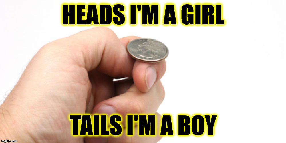 How liberals pick their gender for a day | HEADS I'M A GIRL; TAILS I'M A BOY | image tagged in transgender,liberal logic | made w/ Imgflip meme maker