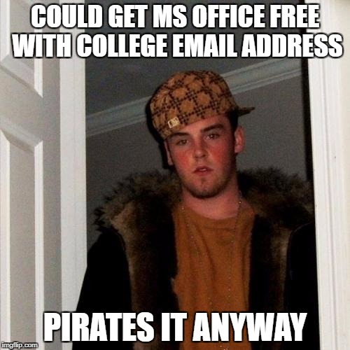 Scumbag Steve | COULD GET MS OFFICE FREE WITH COLLEGE EMAIL ADDRESS; PIRATES IT ANYWAY | image tagged in memes,scumbag steve,college,piracy,microsoft,microsoft word | made w/ Imgflip meme maker