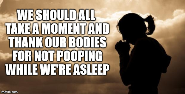 No Movement Moment | WE SHOULD ALL TAKE A MOMENT AND THANK OUR BODIES FOR NOT POOPING WHILE WE'RE ASLEEP | image tagged in woman praying,meme,thanks,prayer,stupid | made w/ Imgflip meme maker