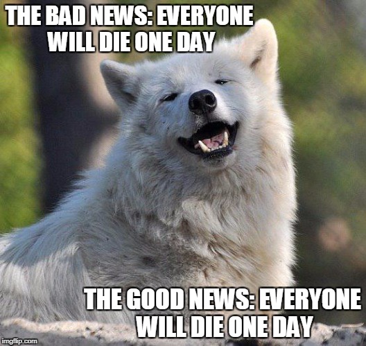 supersecretwolf | THE BAD NEWS: EVERYONE WILL DIE ONE DAY; THE GOOD NEWS: EVERYONE WILL DIE ONE DAY | image tagged in supersecretwolf | made w/ Imgflip meme maker